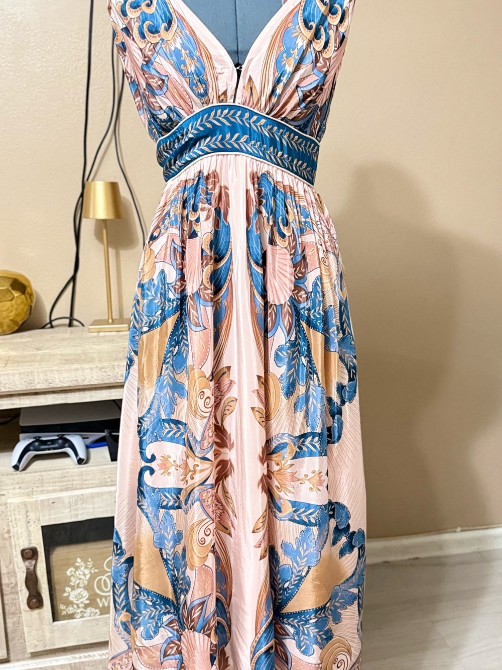 FARM Rio Pink Maxi Dress with Blue and Gold Baroque Print